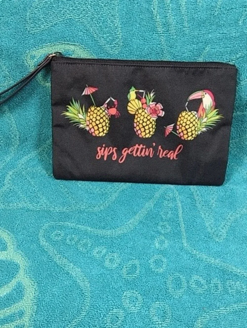 Vera Bradley Black Wristlet with Yellow, Pink and Green Pineapple Motif